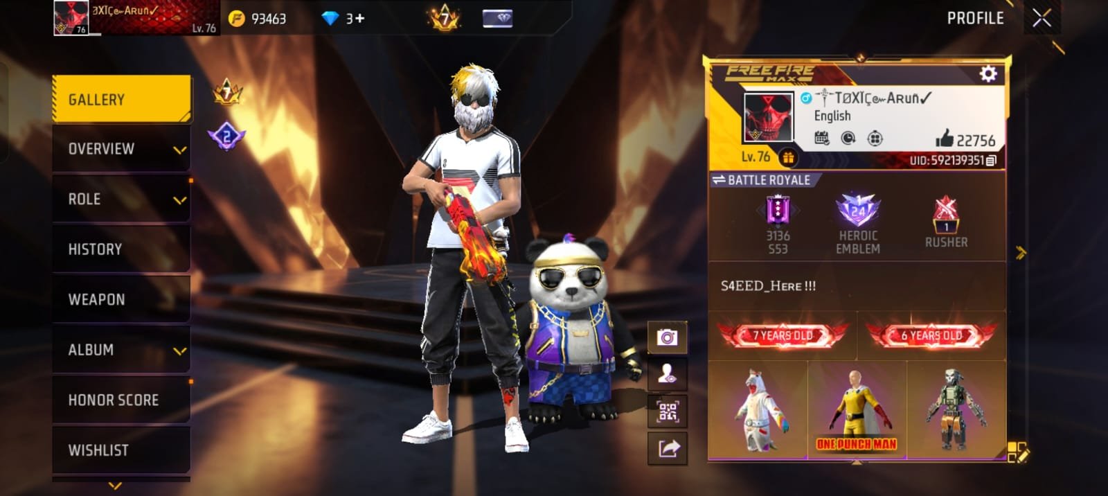 🔥 7 YEARS OLD PREMIUM FREE FIRE ID | LVL 76 | HEROIC | PRIME 8 🔥